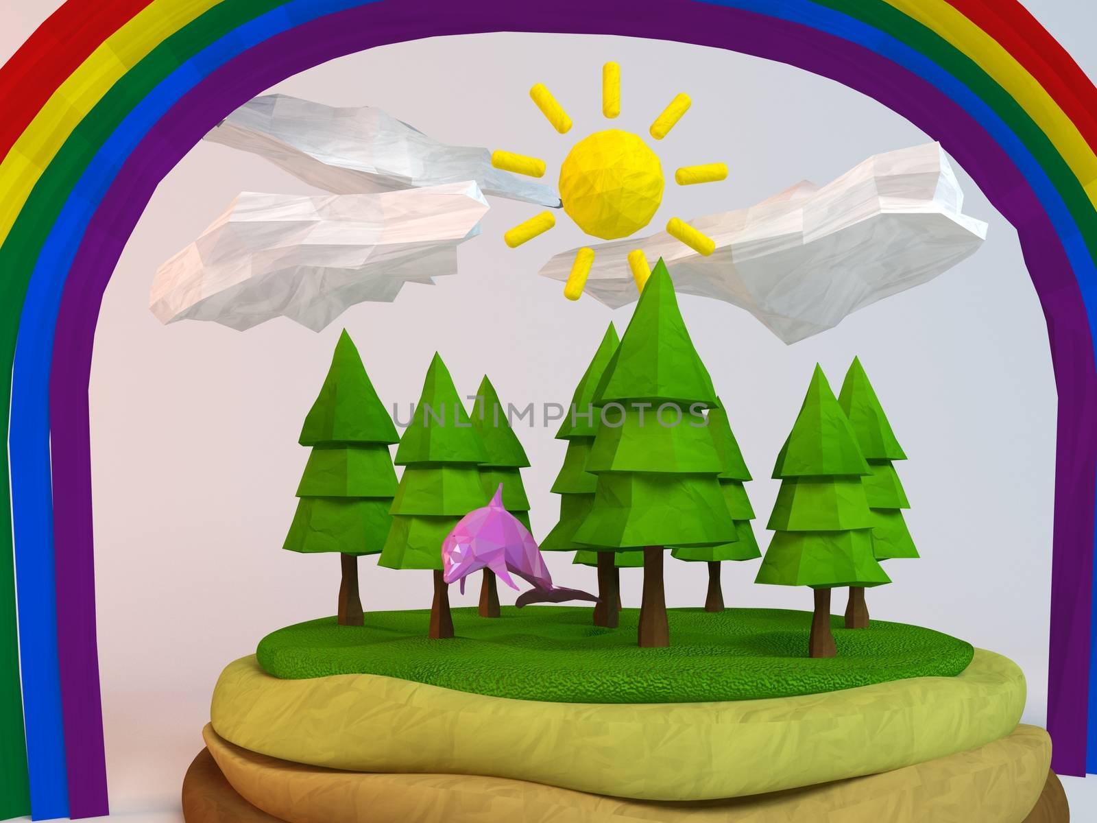 3d dolphin inside a low-poly green scene with sun, trees, clouds and a rainbow