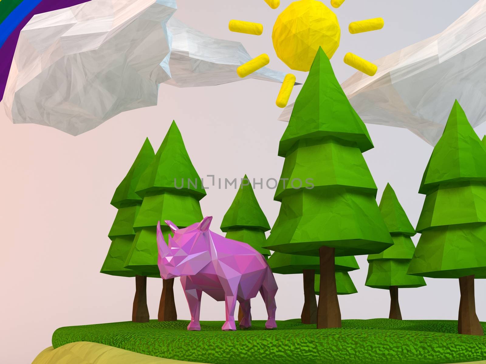 3d rhinoceros inside a low-poly green scene with sun, trees, clouds and a rainbow