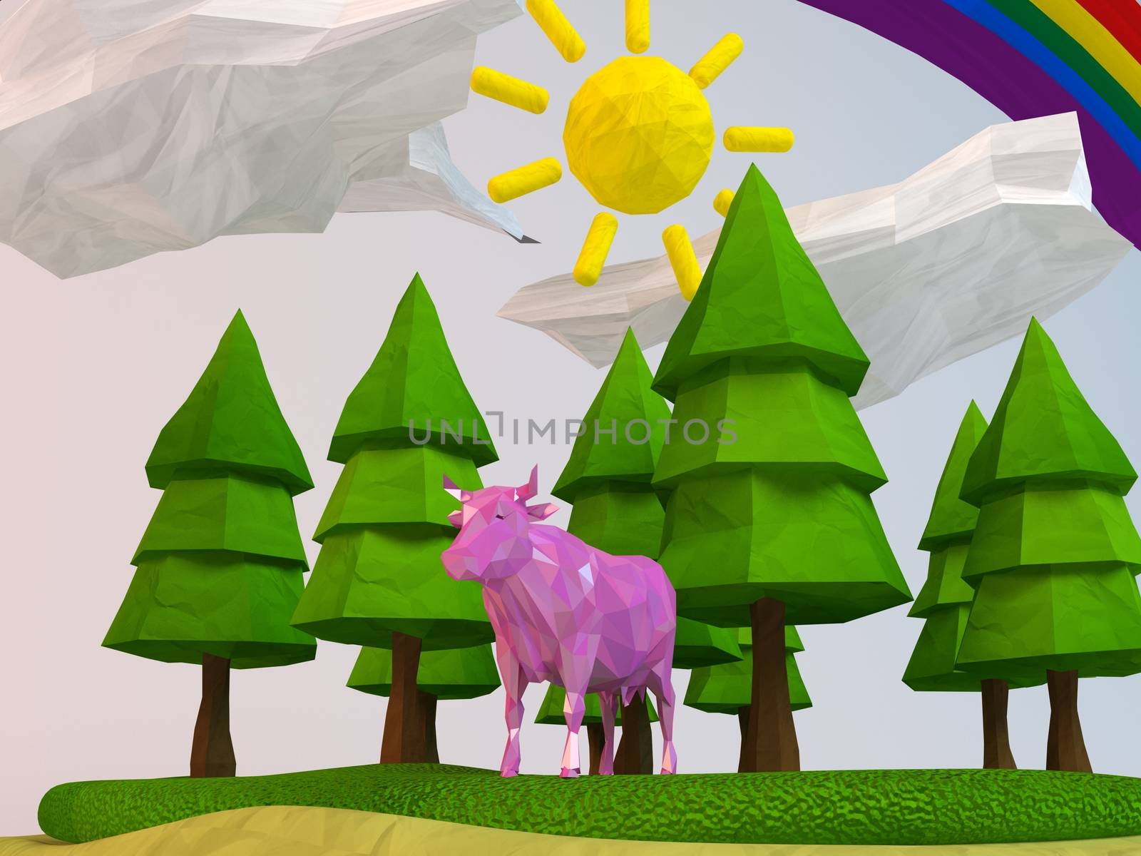 3d cow inside a low-poly green scene by fares139