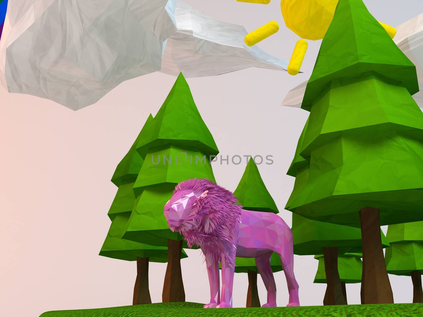 3d lion inside a low-poly green scene with sun, trees, clouds and a rainbow