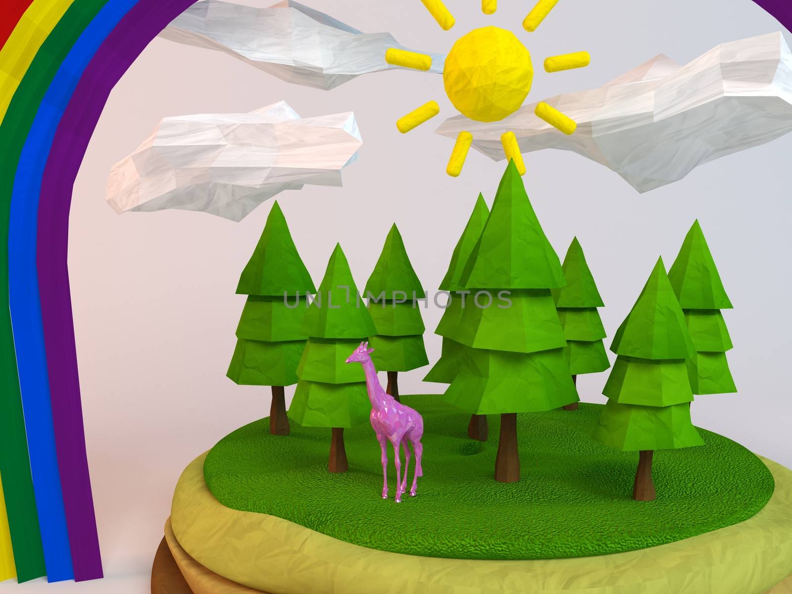 3d giraffe inside a low-poly green scene with sun, trees, clouds and a rainbow