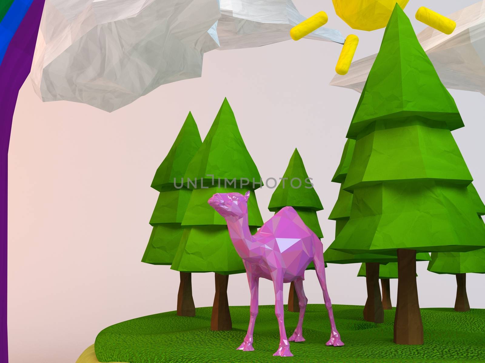 3d camel inside a low-poly green scene with sun, trees, clouds and a rainbow