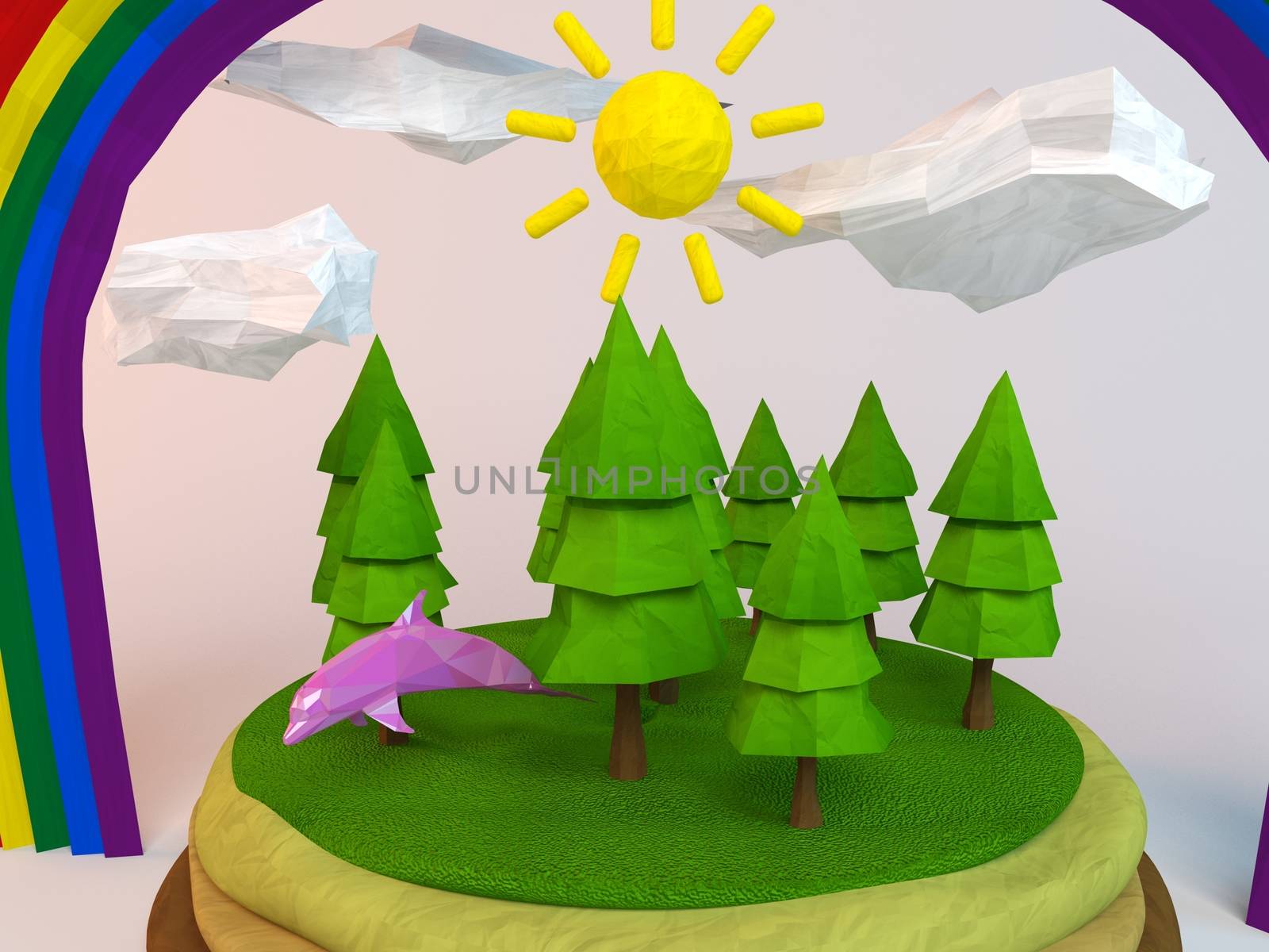 3d dolphin inside a low-poly green scene with sun, trees, clouds and a rainbow