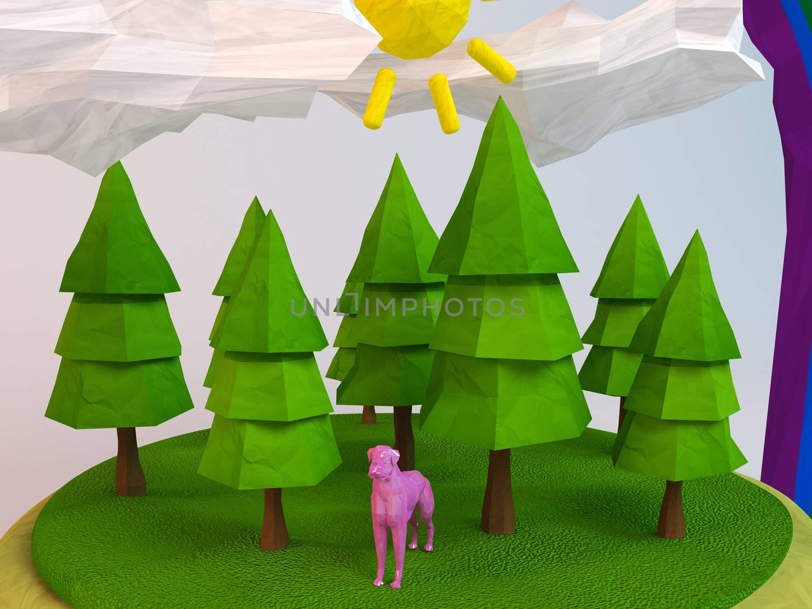 3d dog inside a low-poly green scene with sun, trees, clouds and a rainbow
