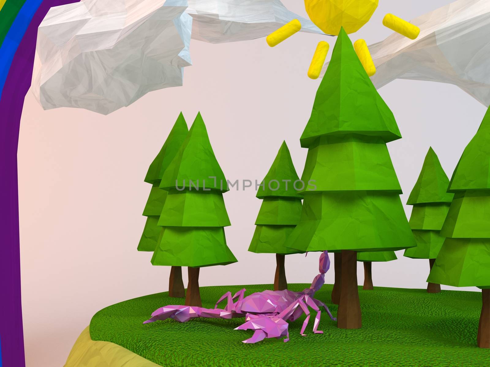 3d scorpion inside a low-poly green scene with sun, trees, clouds and a rainbow