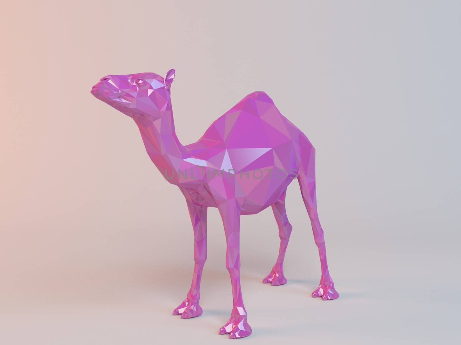 3D pink low poly (camel) inside a white stage with high render quality to be used as a logo, medal, symbol, shape, emblem, icon, children story, or any other use.