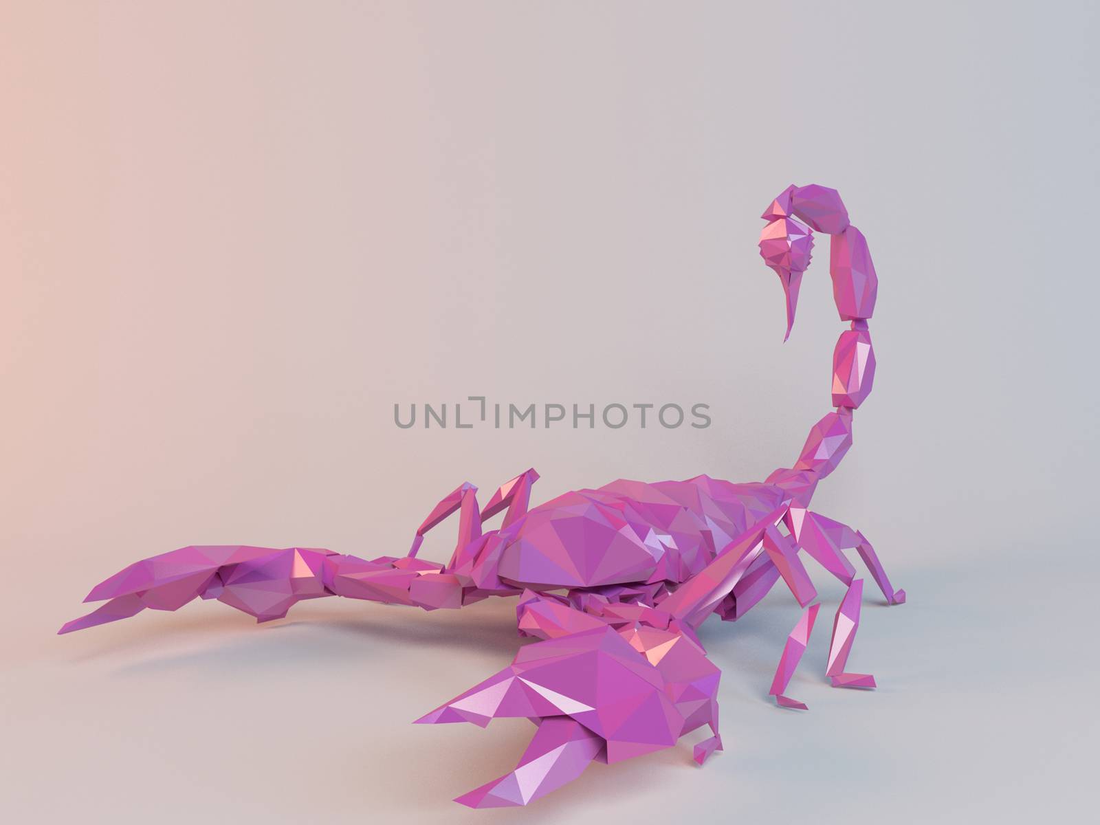 3D pink low poly (Scorpion) inside a white stage with high render quality to be used as a logo, medal, symbol, shape, emblem, icon, children story, or any other use.
