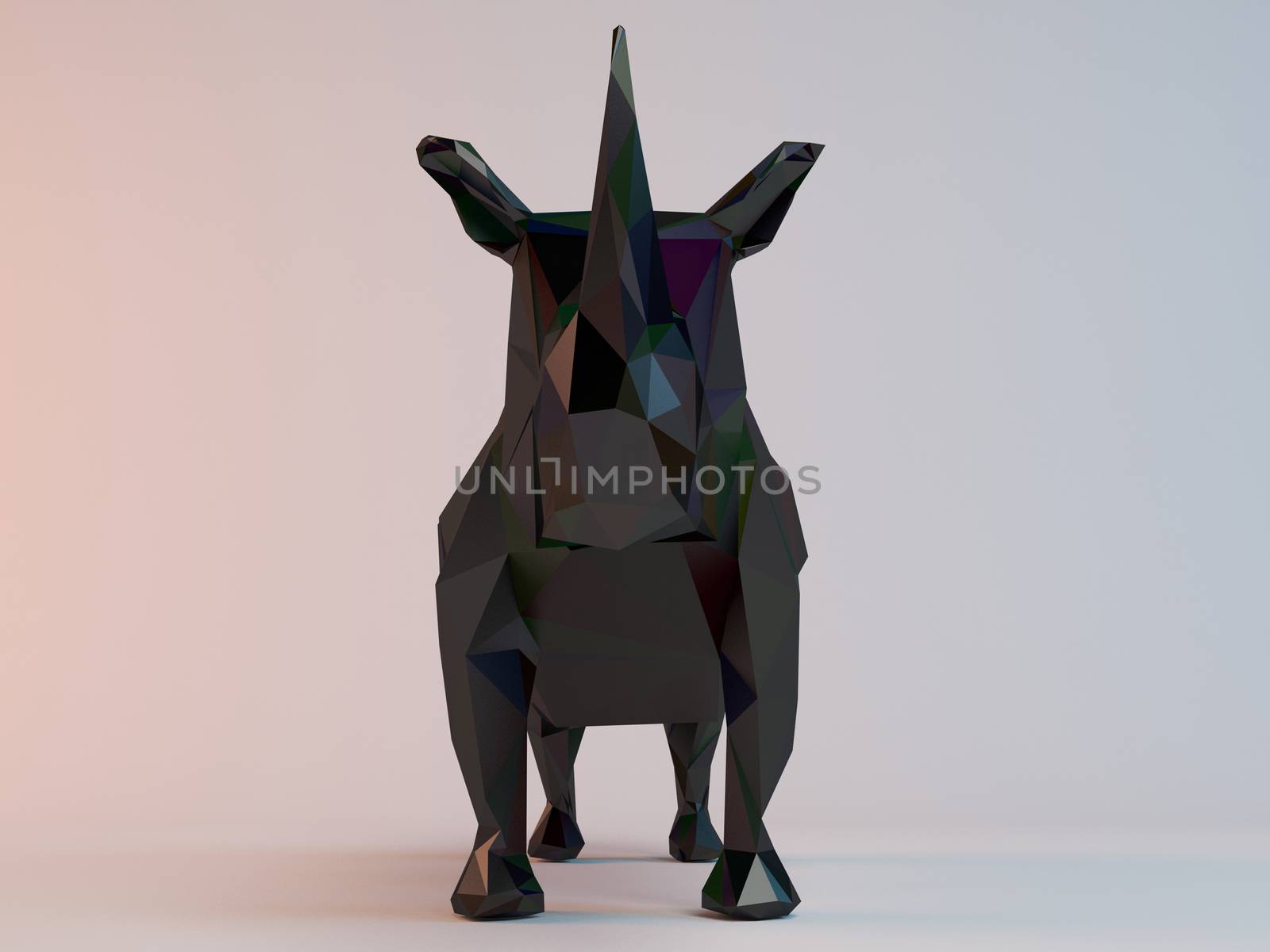 3D black low poly (rhinoceros) inside a white stage with high render quality to be used as a logo, medal, symbol, shape, emblem, icon, children story, or any other use.