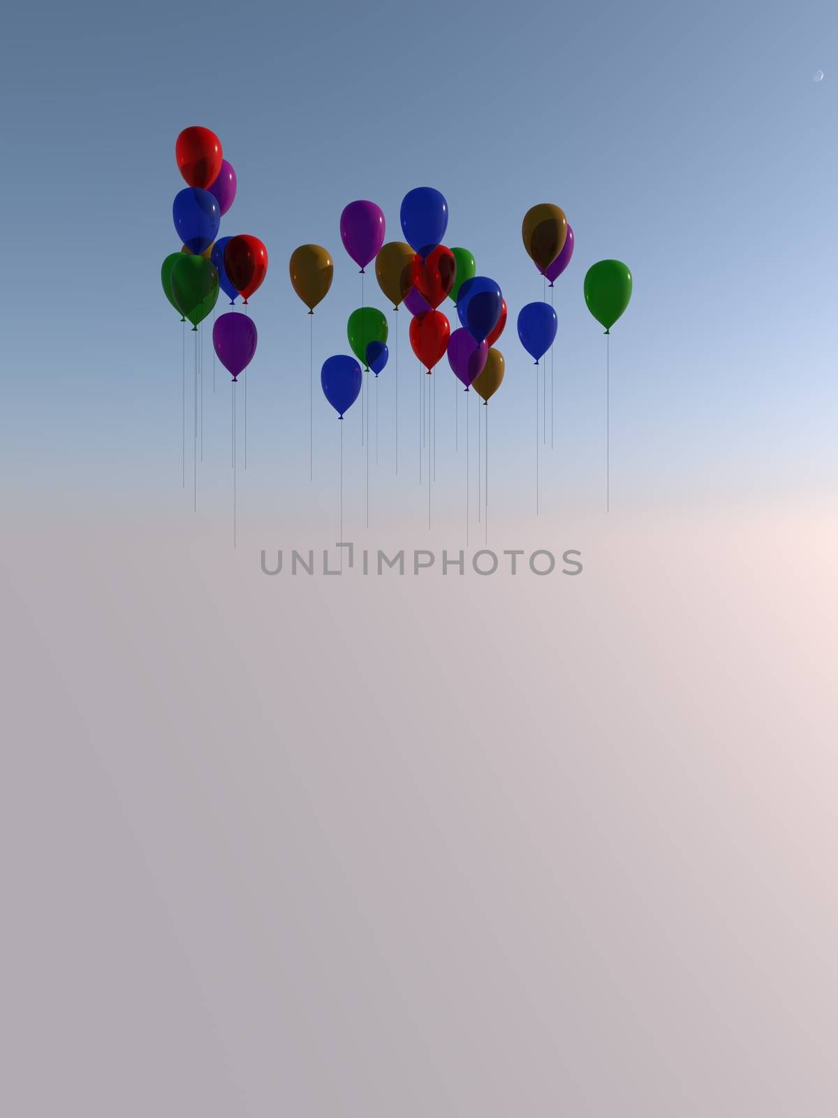 Several flying colored balloons rendered with different speed.