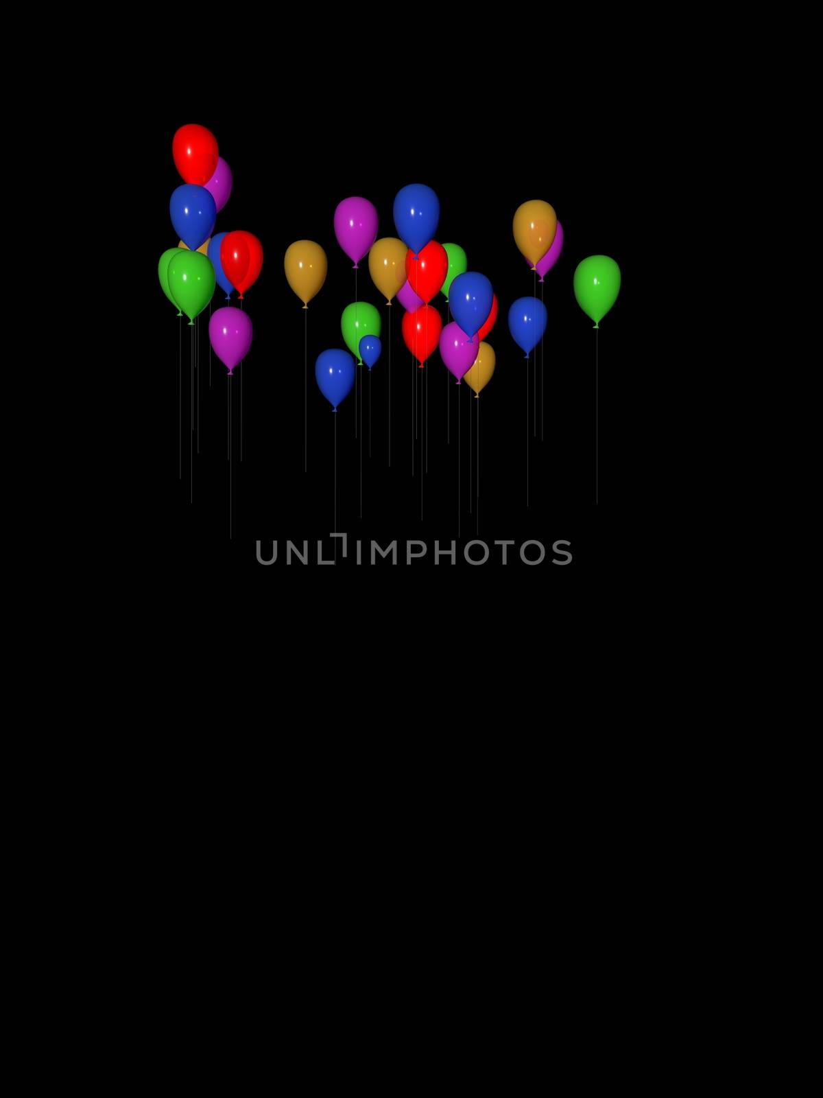 Several flying colored balloons rendered with different speed.