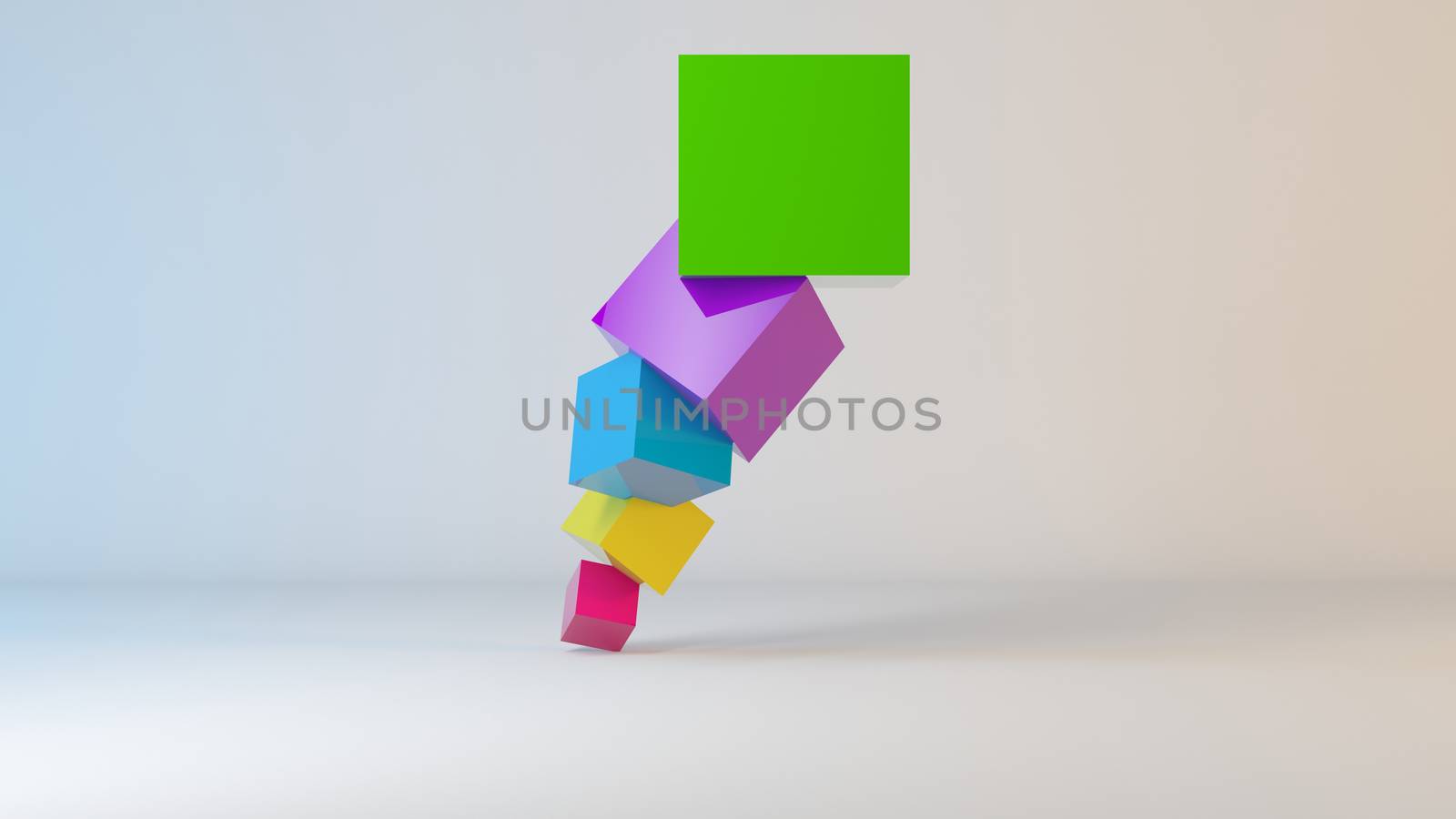 Set of colorful cubes 3D inside a white stage