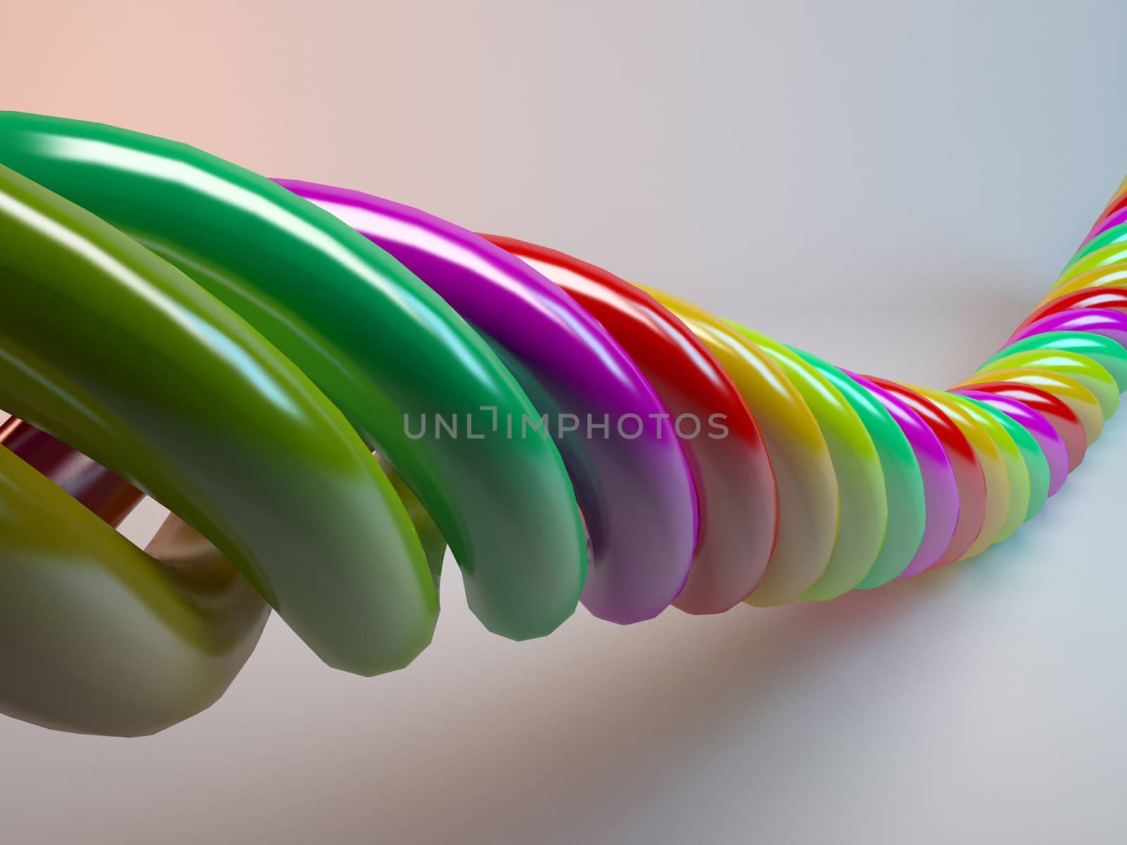 twisted multicolored plastic candy cables 3d render with reflection inside a white stage