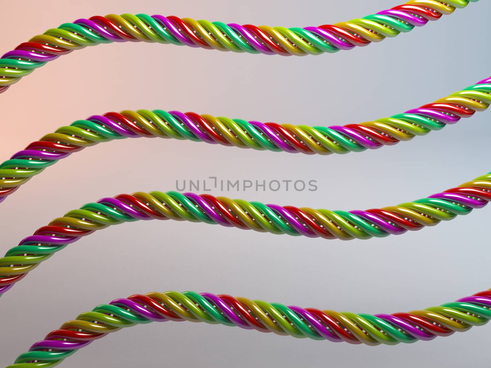 twisted multicolored plastic candy cables 3d render with reflection inside a white stage