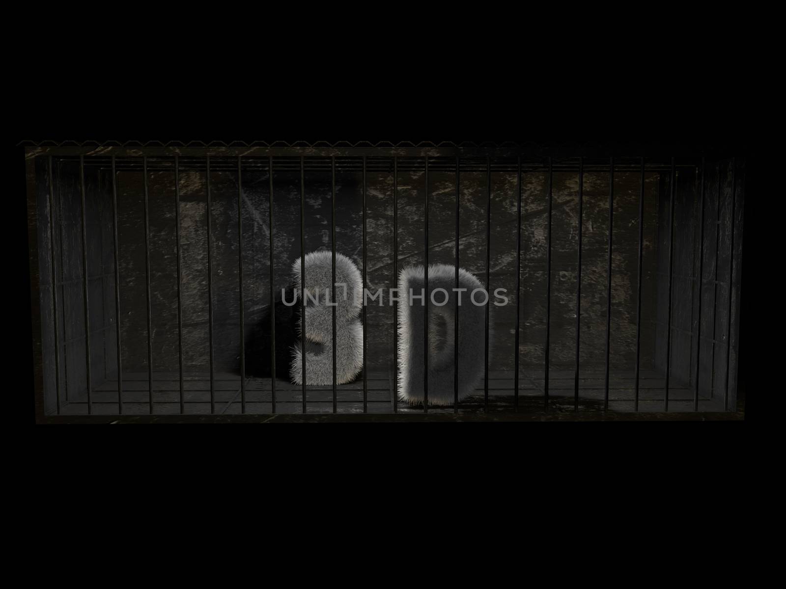 A fluffy word (3d) with white hair behind bars with black background.