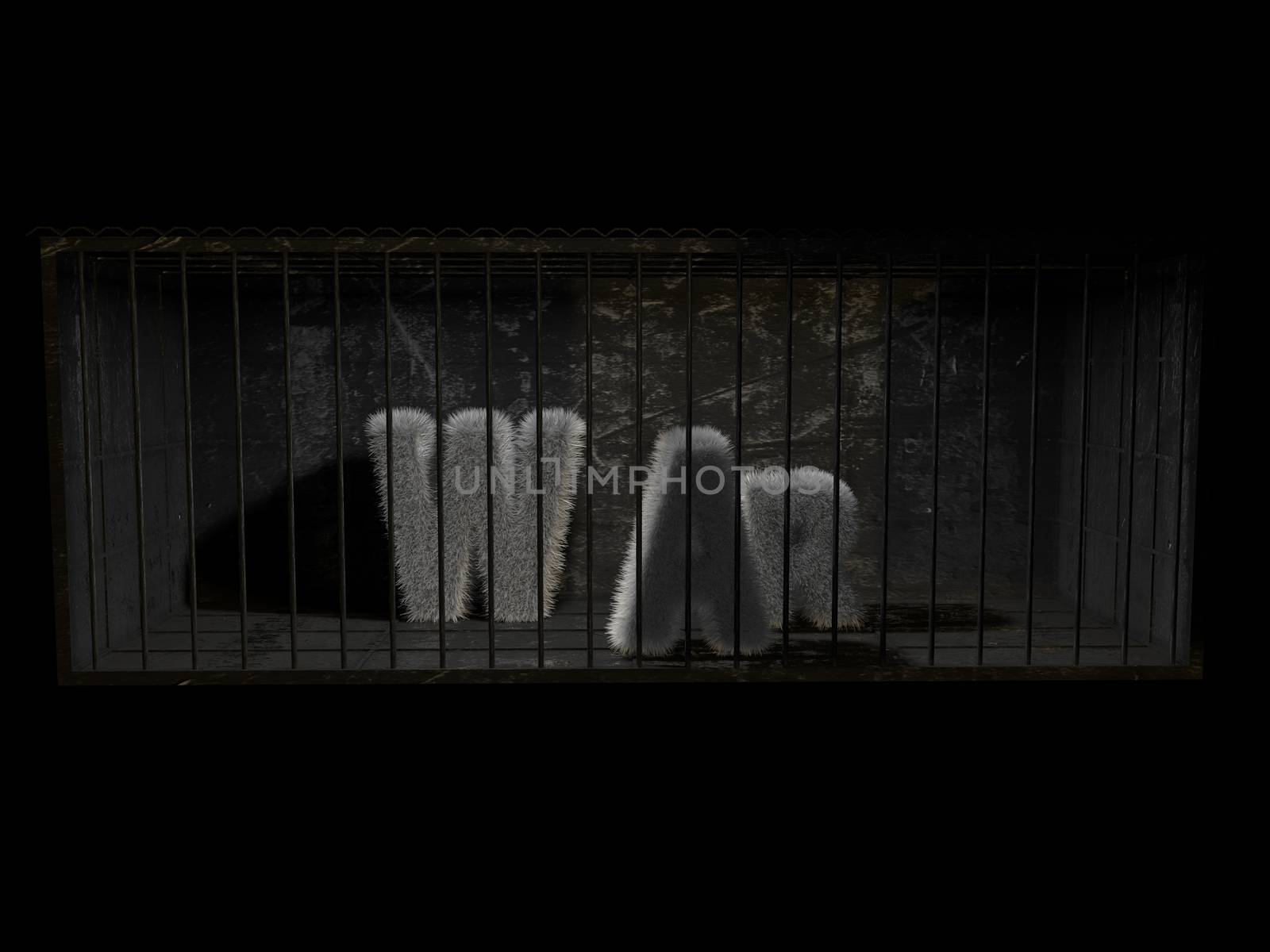 A fluffy word (war) with white hair behind bars with black background.