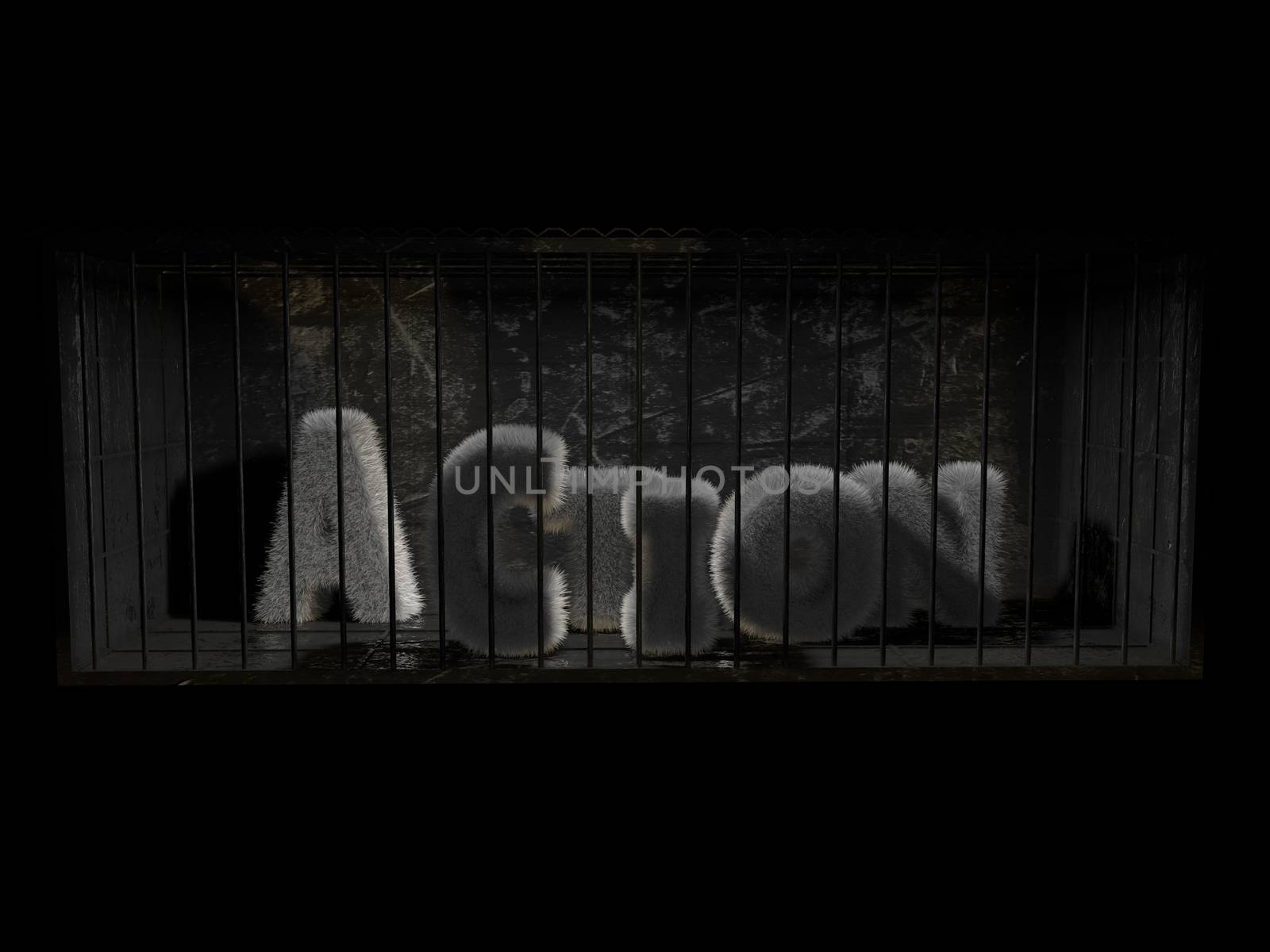 A fluffy word (action) with white hair behind bars with black background.