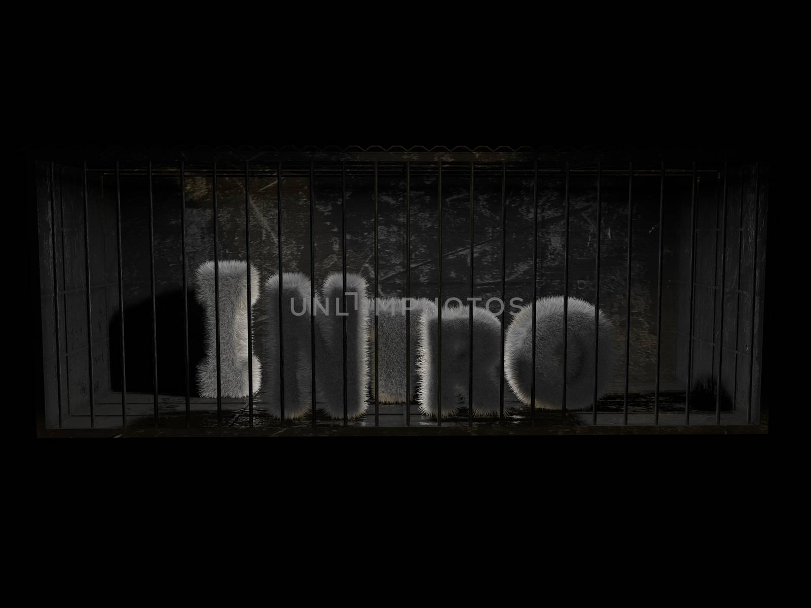 A fluffy word (intro) with white hair behind bars with black background.