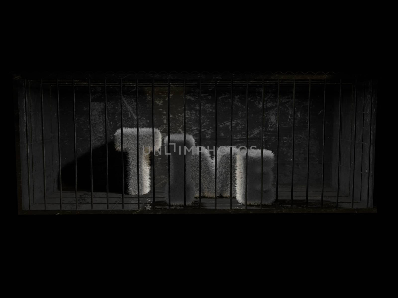 A fluffy word (time) with white hair behind bars with black background.
