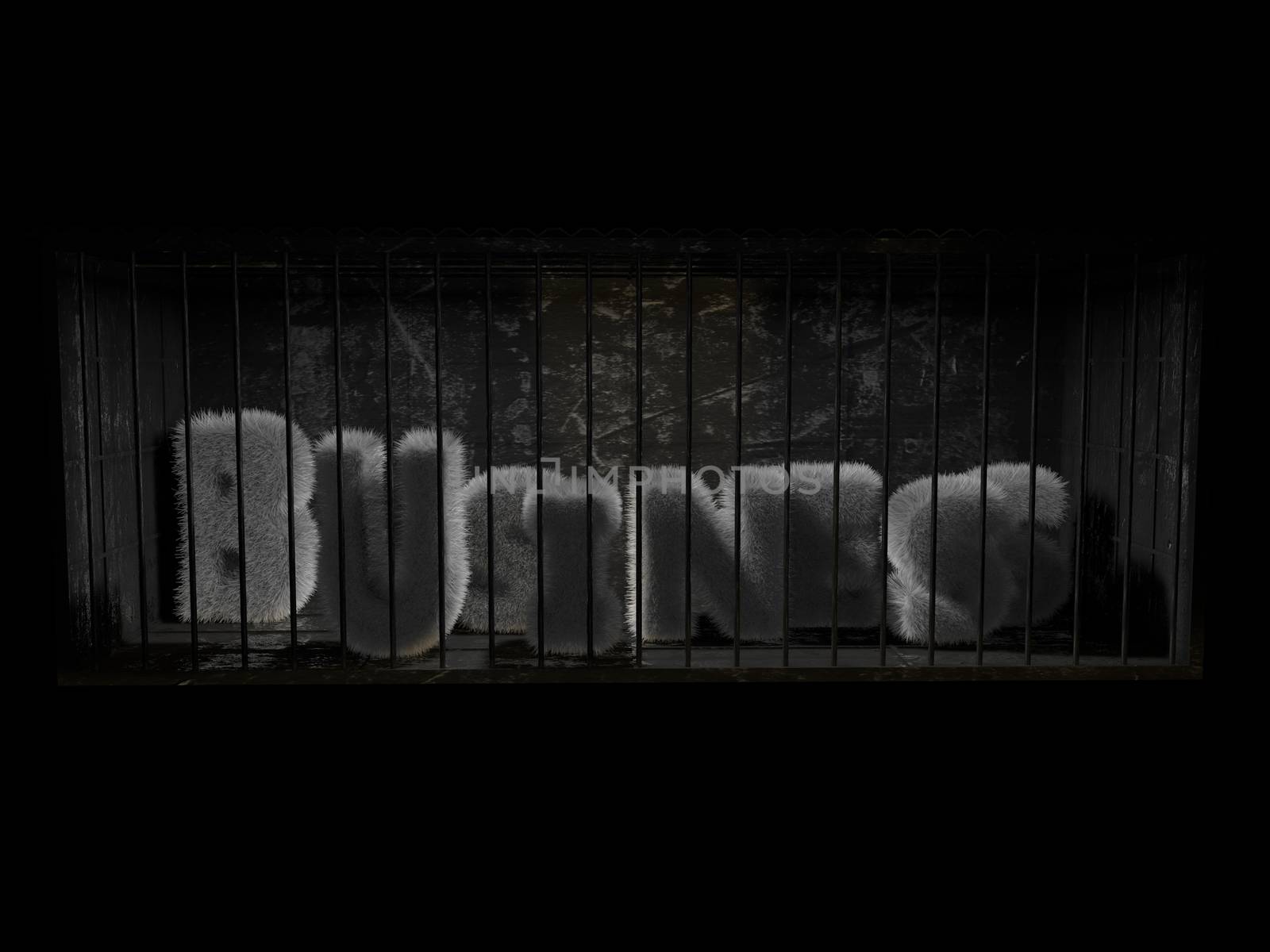 A fluffy word (business ) with white hair behind bars with black background.