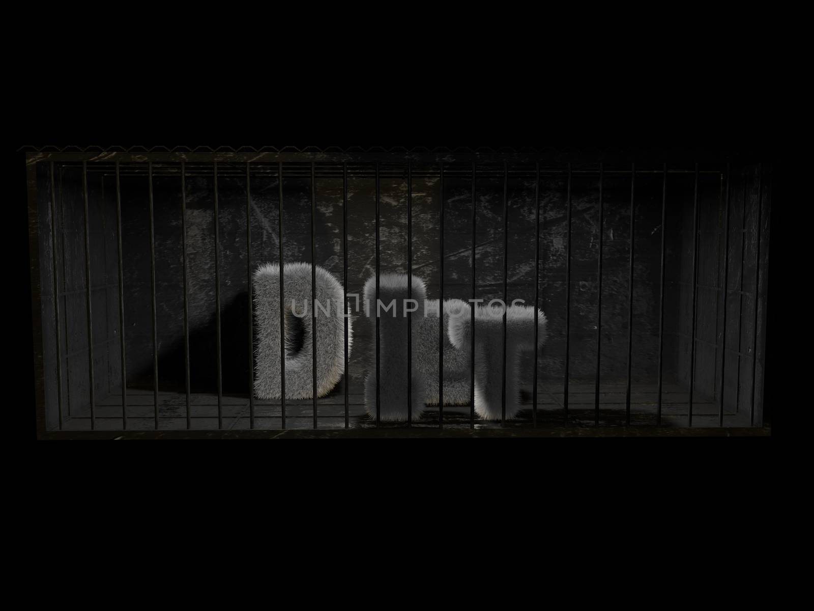 A fluffy word (diet) with white hair behind bars with black background.