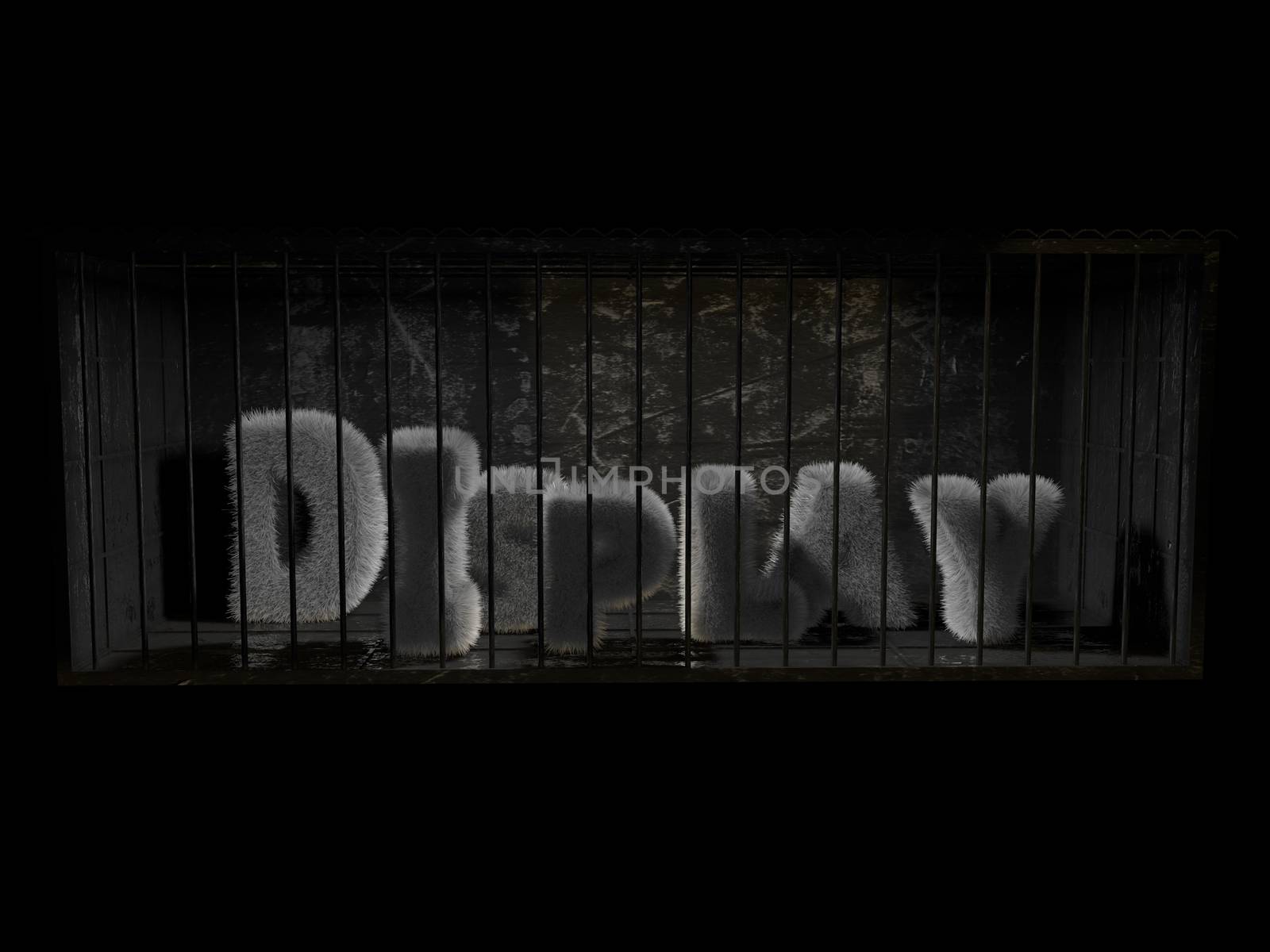 A fluffy word (display ) with white hair behind bars with black background.