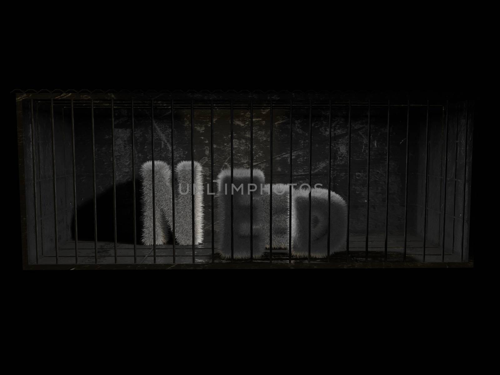 A fluffy word (need) with white hair behind bars with black background.