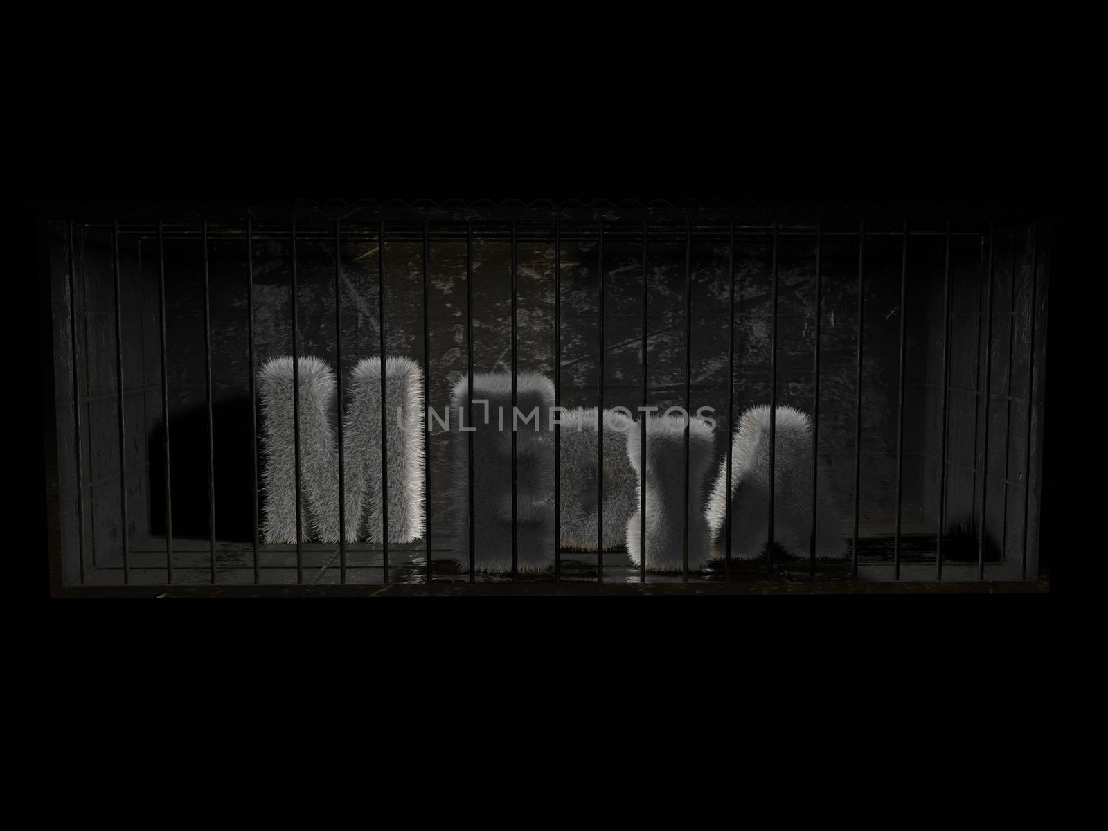 A fluffy word (media) with white hair behind bars with black background.