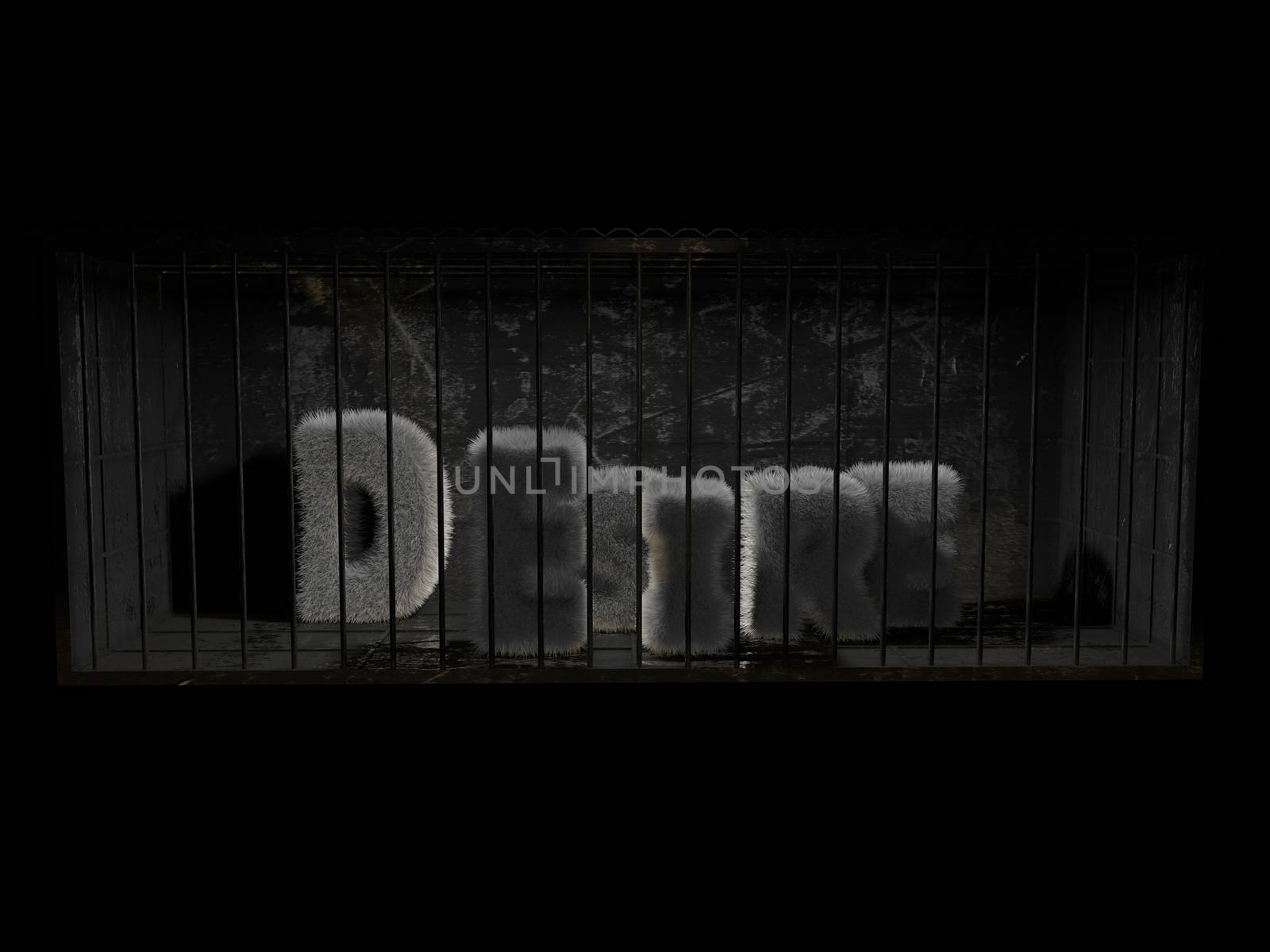 A fluffy word (desire) with white hair behind bars with black background.