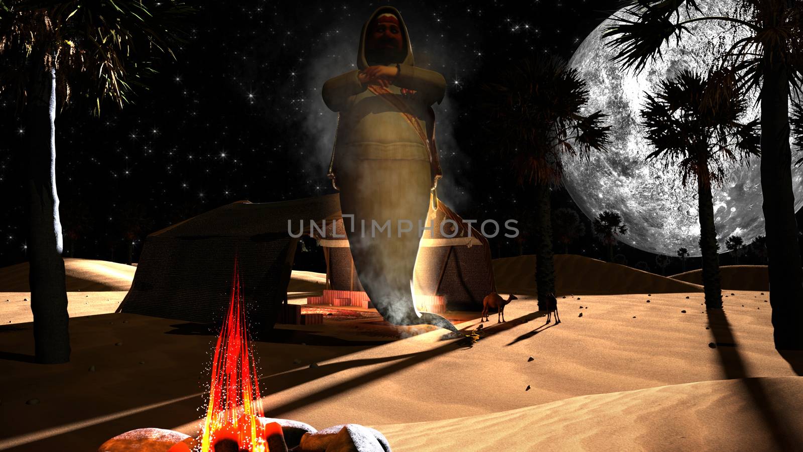 3D genie in an Arabian desert with palm trees, full moon and camels