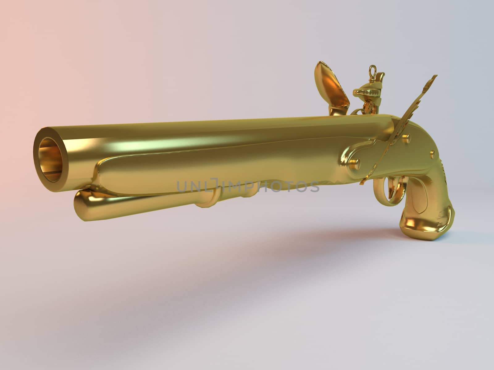 3D golden gun inside a white stage