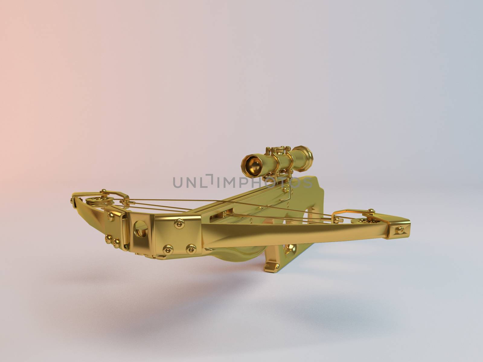 Imaginary 3d Golden crossbow with sniper in a white stage