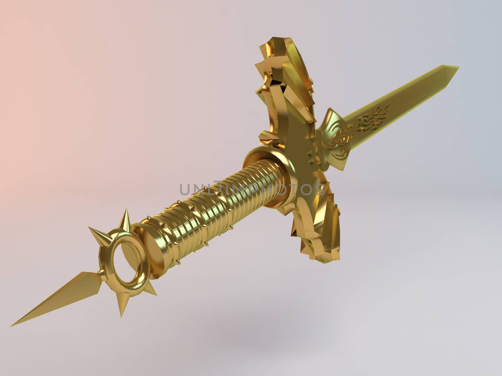 Fantasy detailed 3d Golden sword in a white stage.