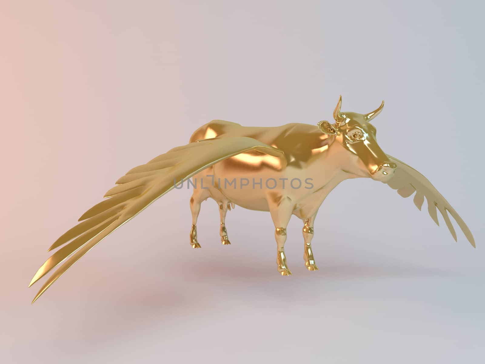 Golden 3D flying animal cow inside a stage with high render quality to be used as a logo, medal, symbol, shape, emblem, icon, business, geometric, label or any other use