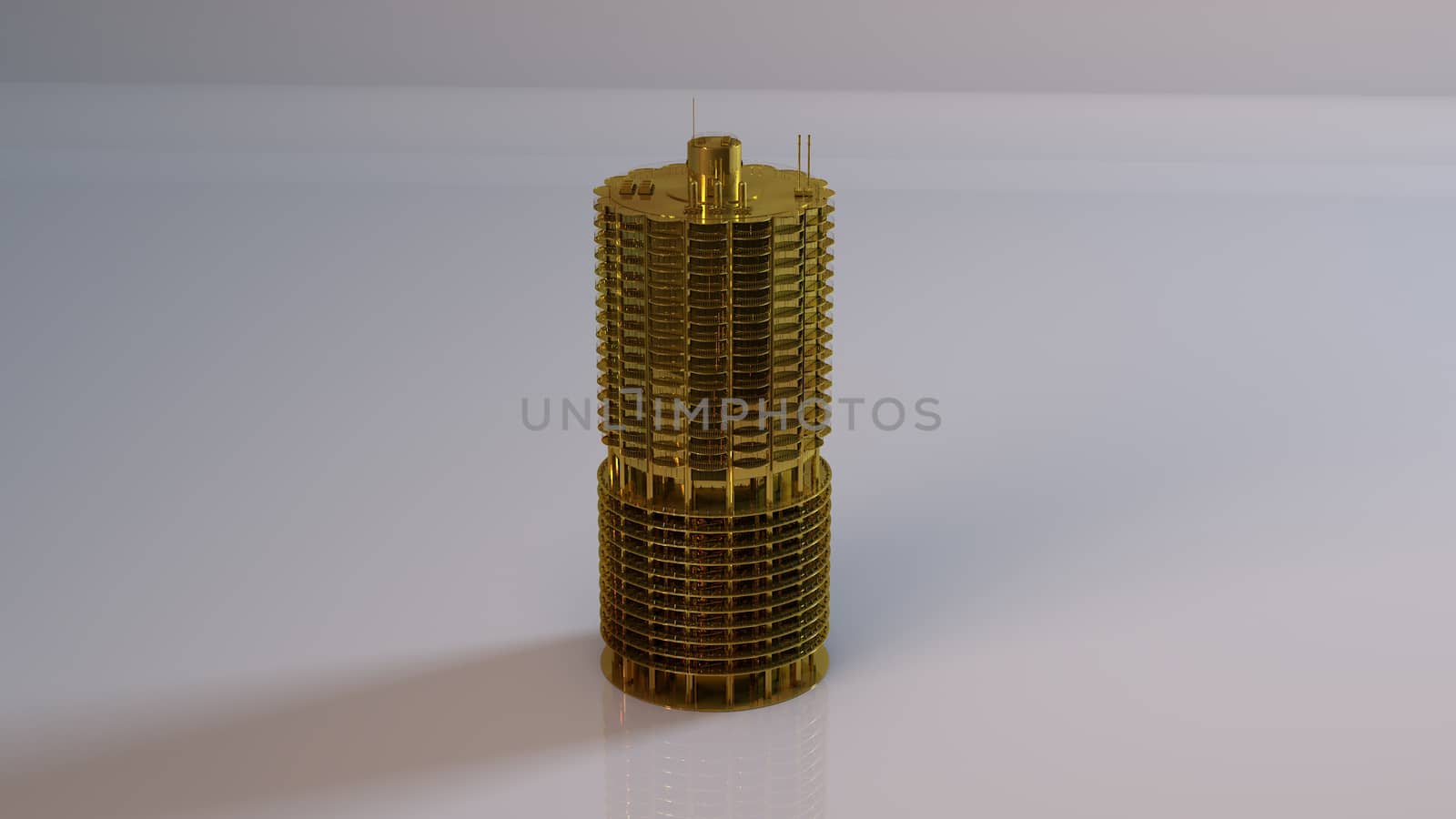 Golden 3D object (detailed tower) inside a white reflected stage with high render quality to be used as a logo, medal, symbol, shape, emblem, icon, business, geometric, label or any other use