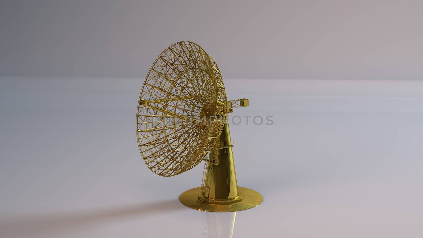 Golden 3D object (golden satellite) inside a white reflected stage with high render quality to be used as a logo, medal, symbol, shape, emblem, icon, business, geometric, label or any other use