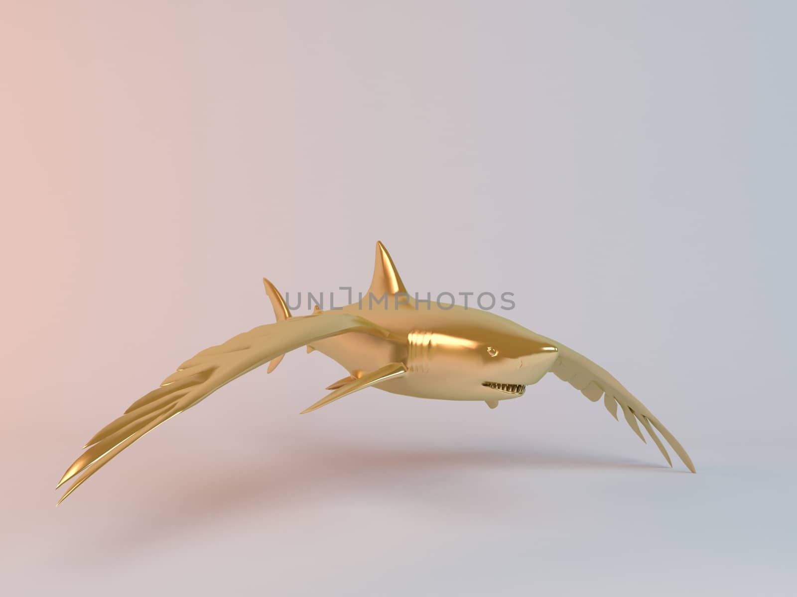 Golden 3D flying animal shark inside a stage with high render quality to be used as a logo, medal, symbol, shape, emblem, icon, business, geometric, label or any other use