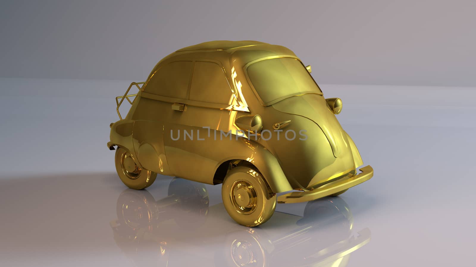 Golden 3D object (cartoon car) inside a white reflected stage with high render quality to be used as a logo, medal, symbol, shape, emblem, icon, business, geometric, label or any other use
