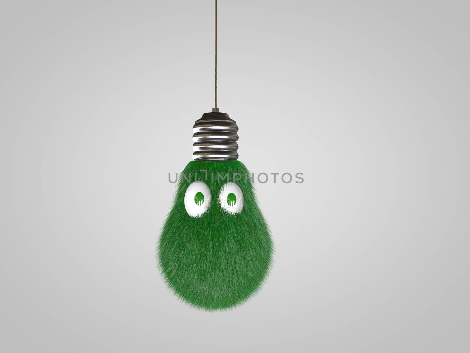 3D light bulb with eyes covered in green grass.