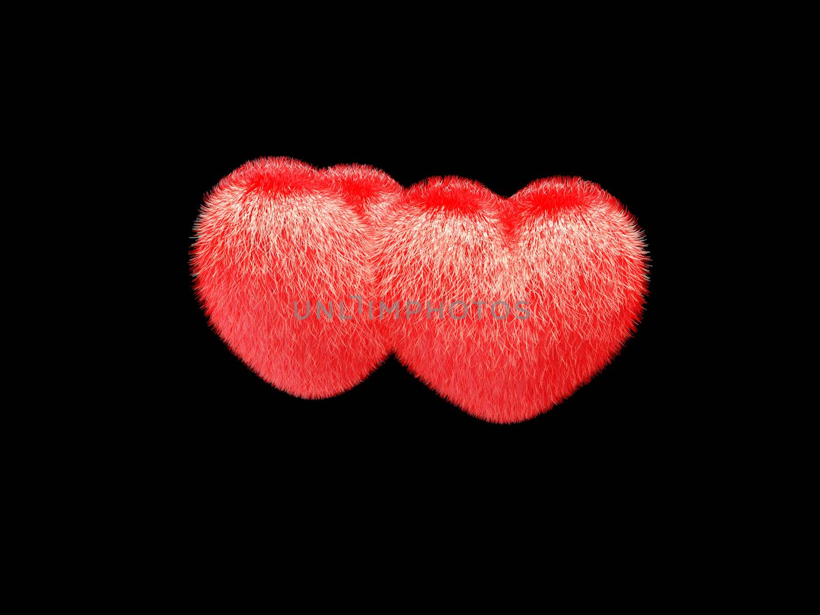 3d Hairy valentine  hearts on a black background