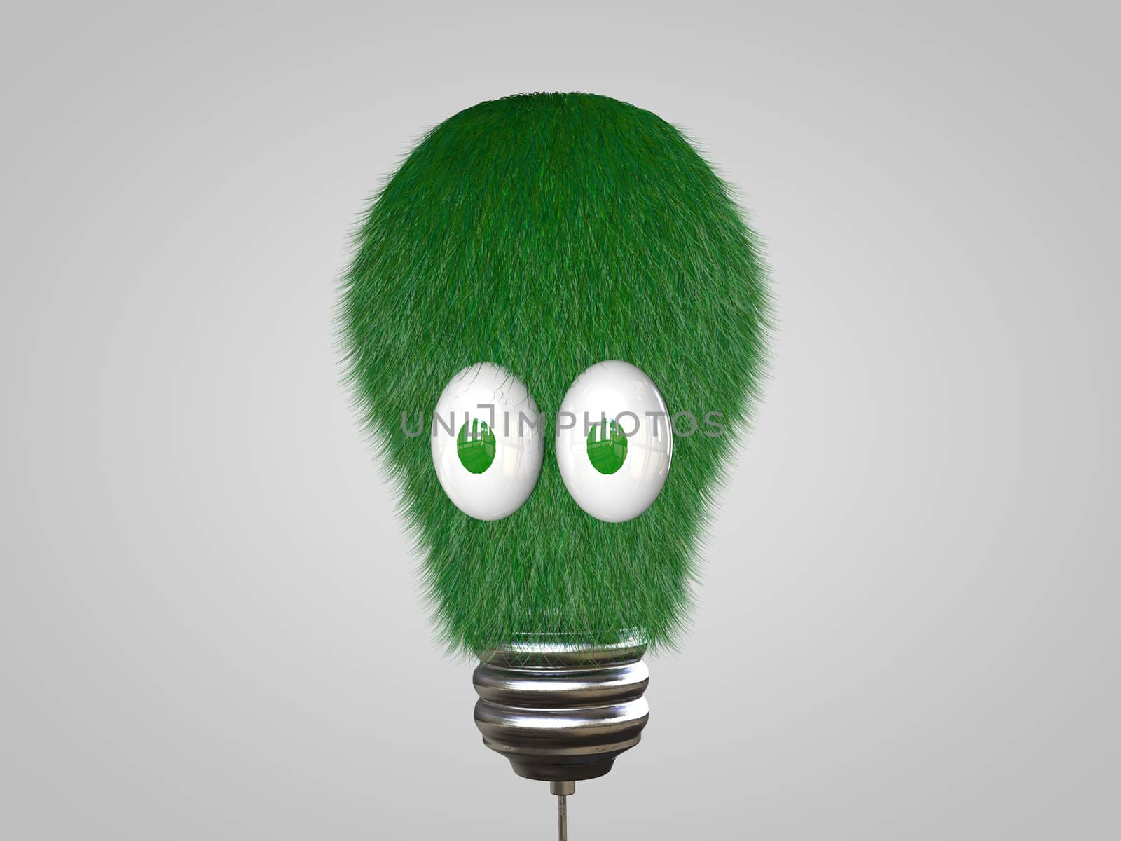 3D light bulb with eyes covered in green grass.