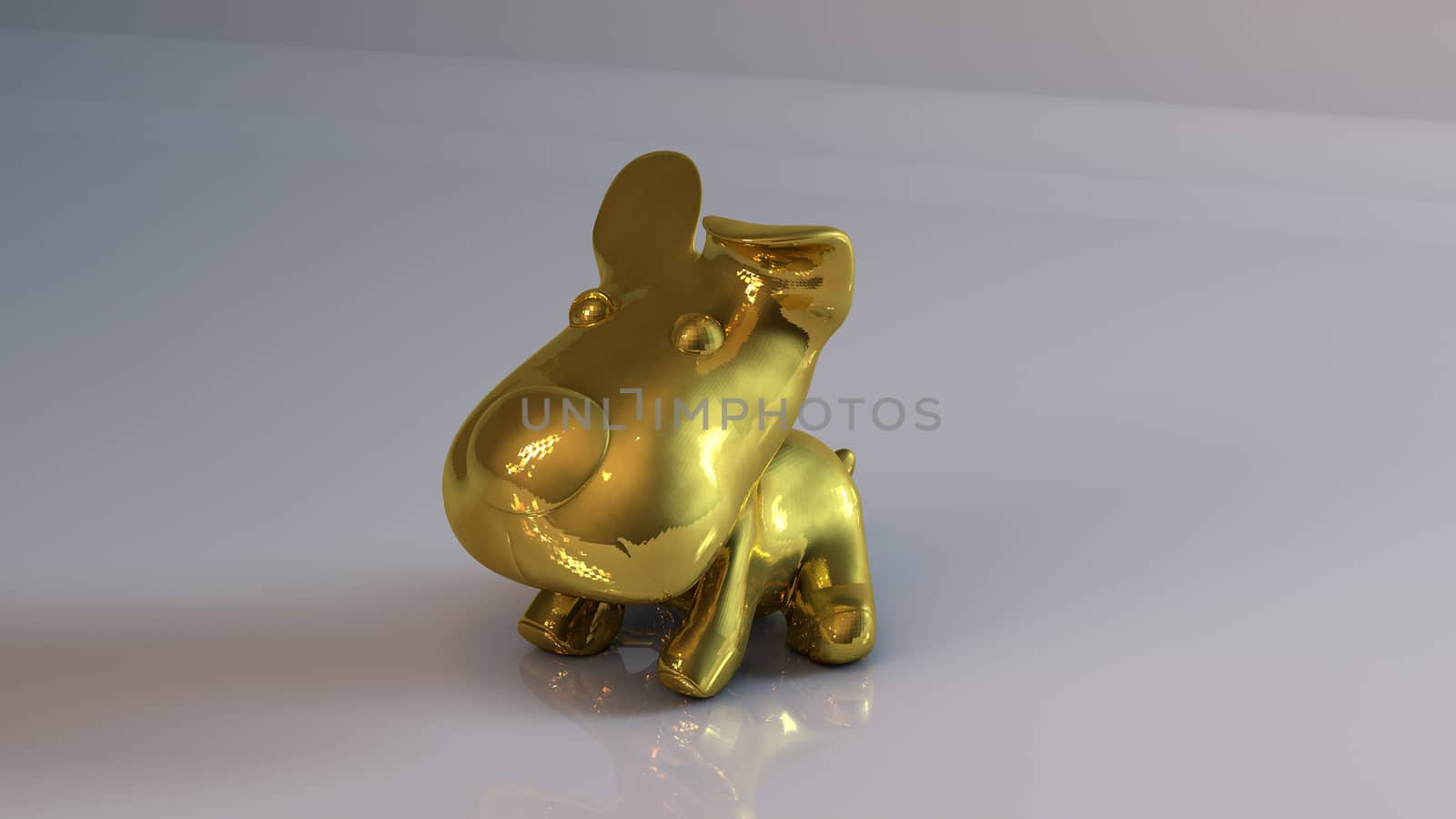 Golden 3D object (toy dog) inside a white reflected stage with high render quality to be used as a logo, medal, symbol, shape, emblem, icon, business, geometric, label or any other use