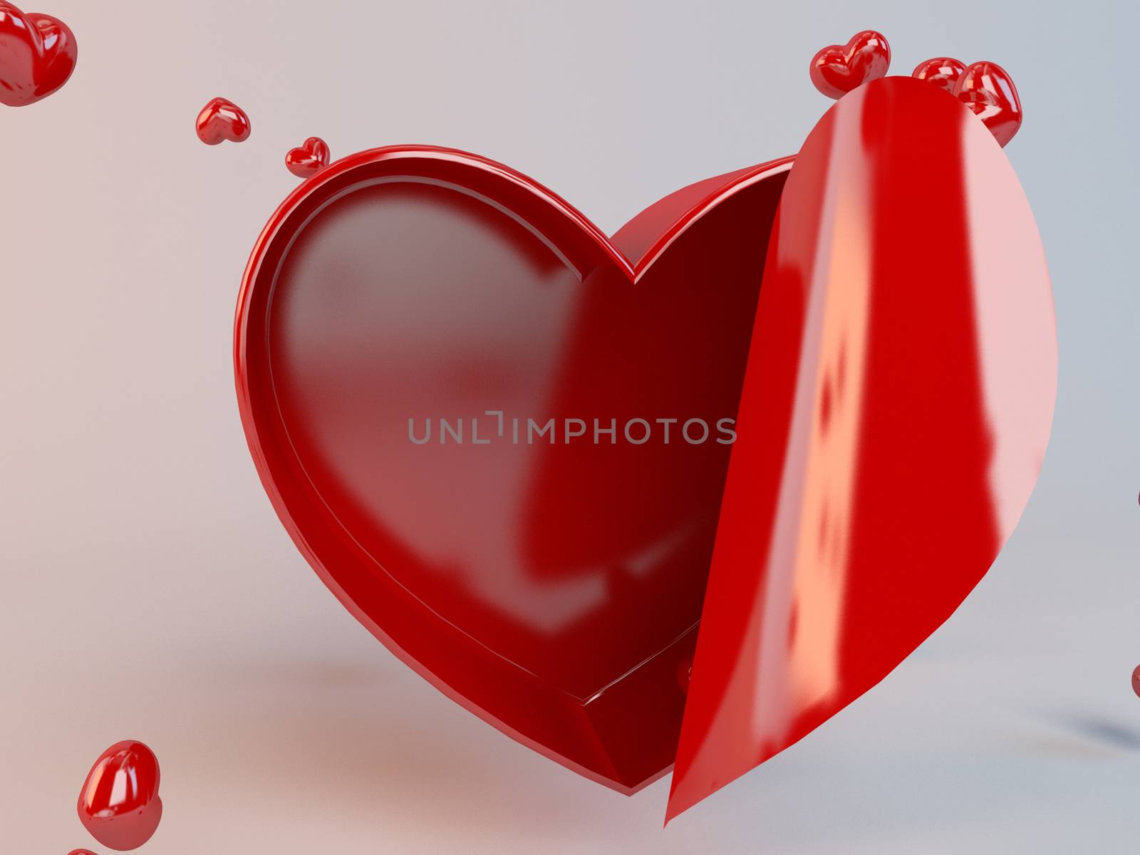 3d present box and hearts particles in a white 3d stage