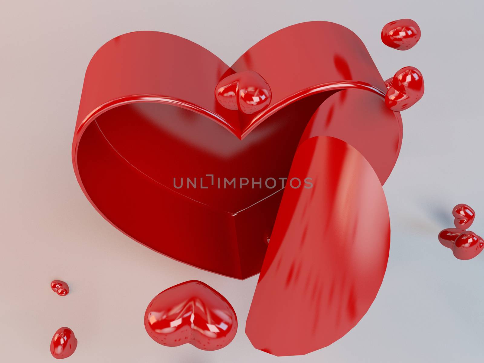 3d present box and hearts particles in a white 3d stage