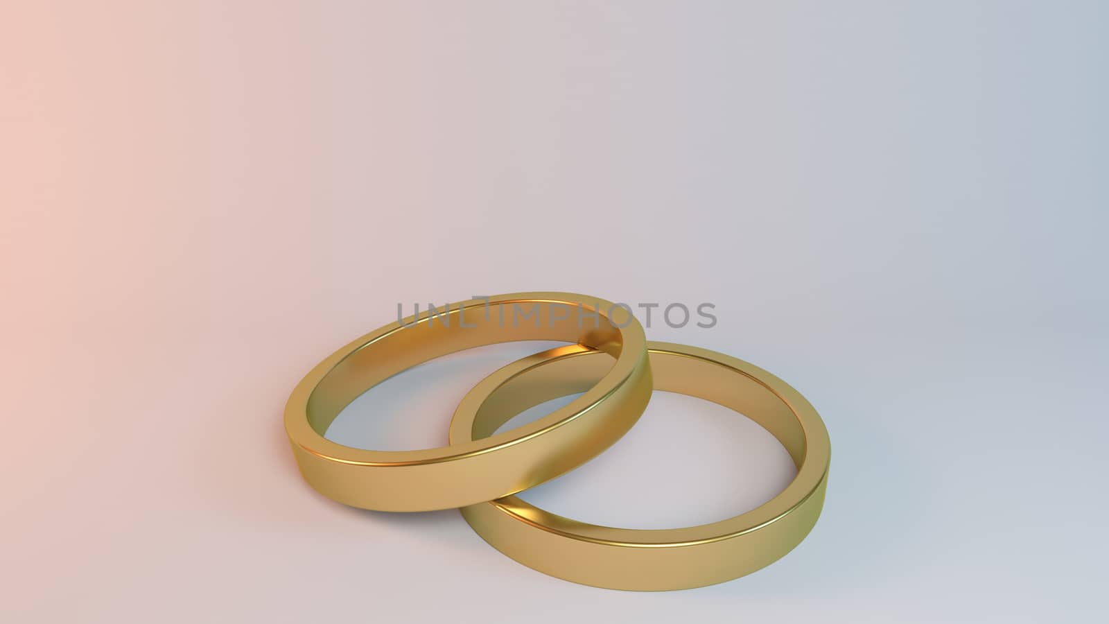 Couple of gold wedding rings on white background inside a 3d stage