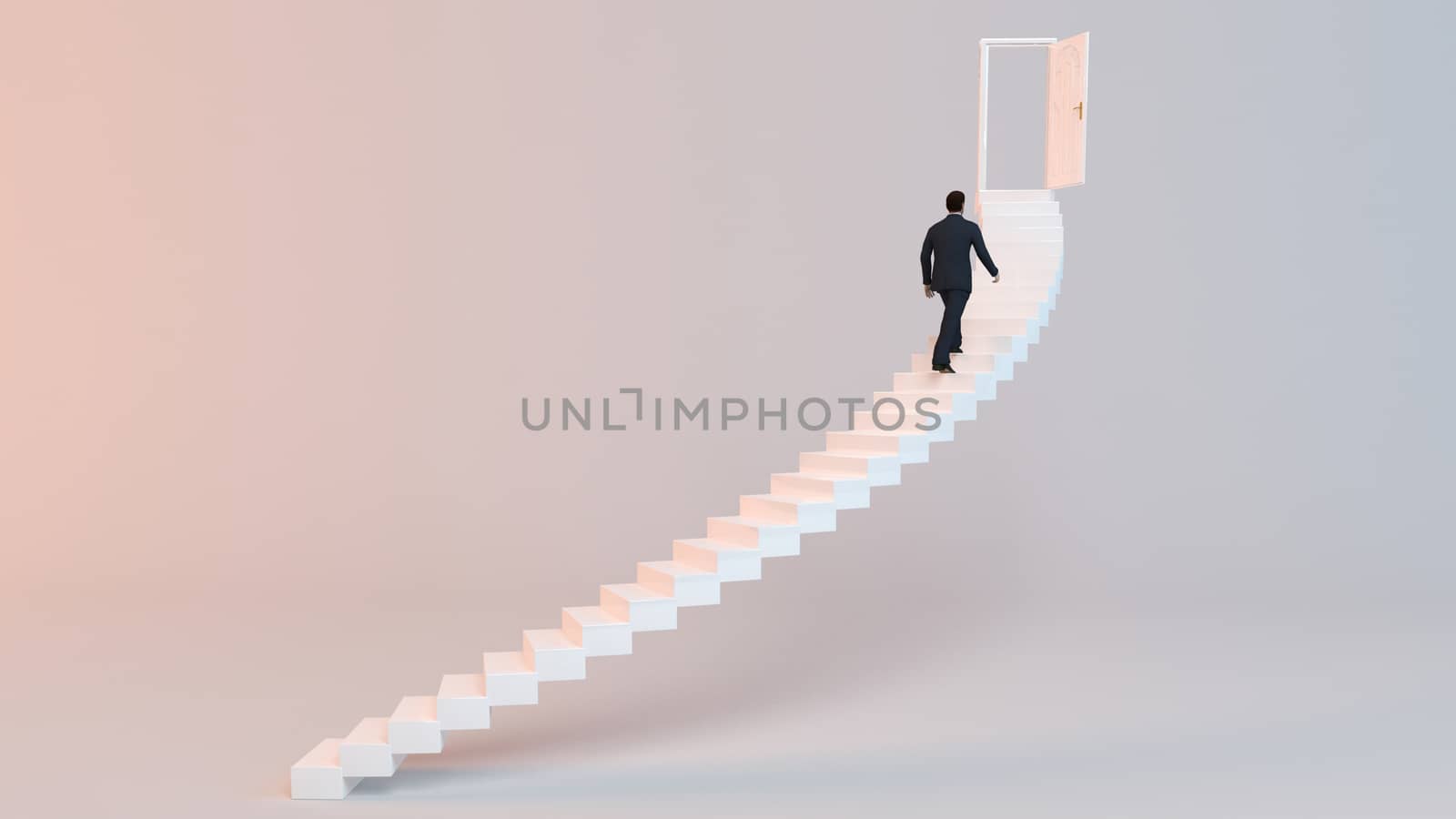 3D character goes on the stairs to reach the goal or arrive to his destination