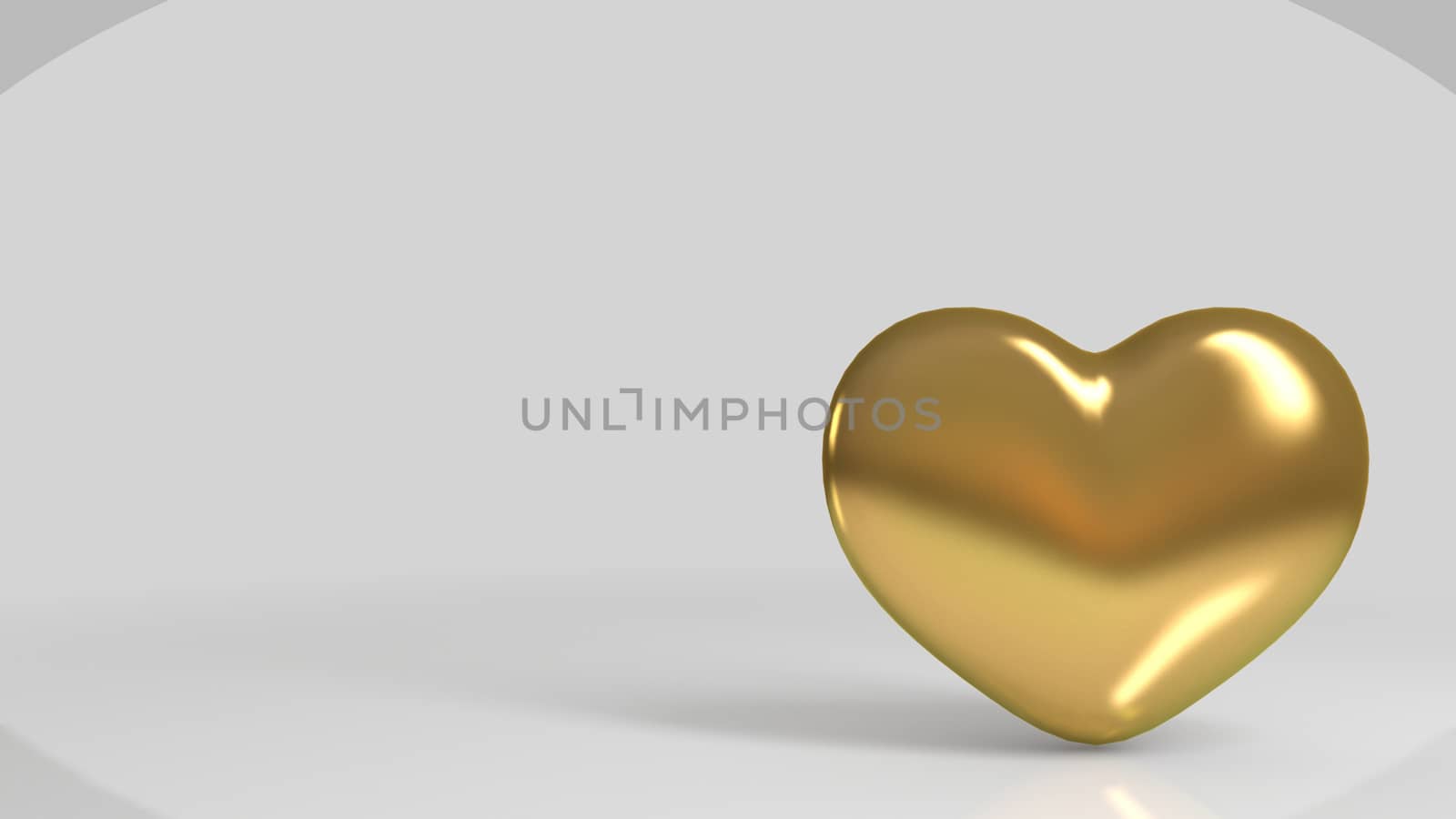 3d Golden shiny heart shape in a white stage