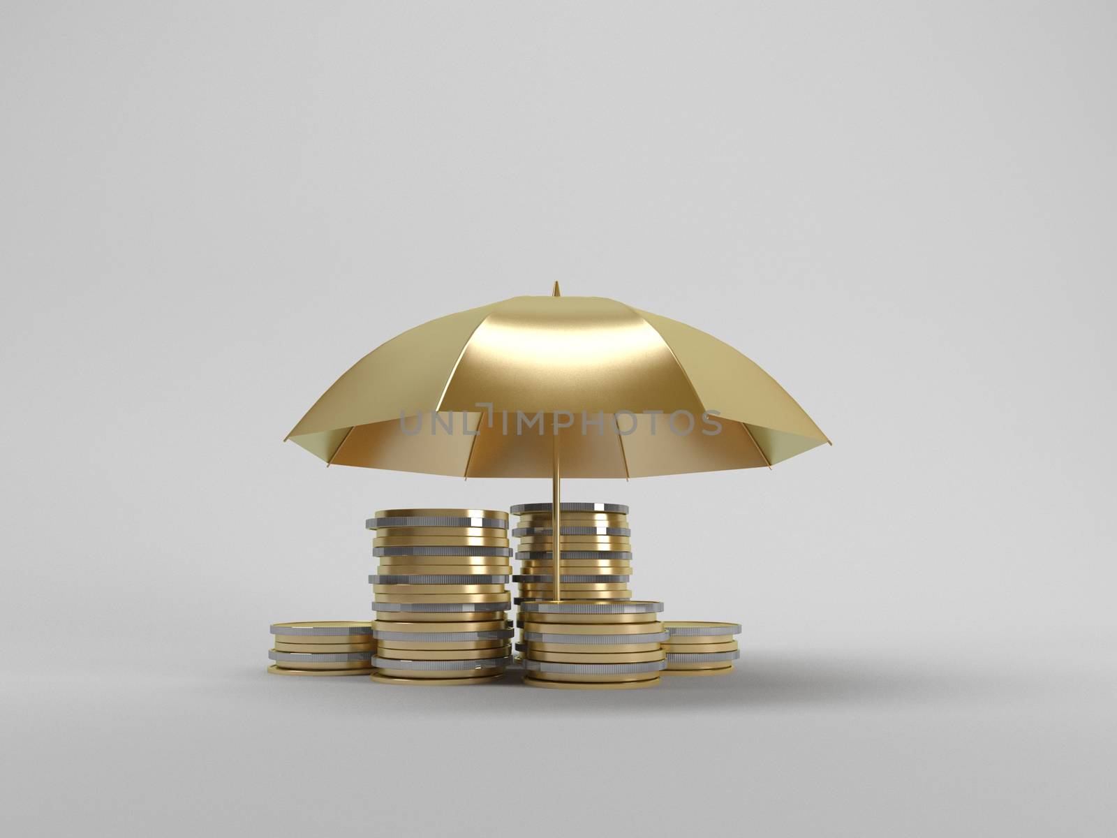 3d illustration: Protecting funds Umbrella covers gold coins on a white background