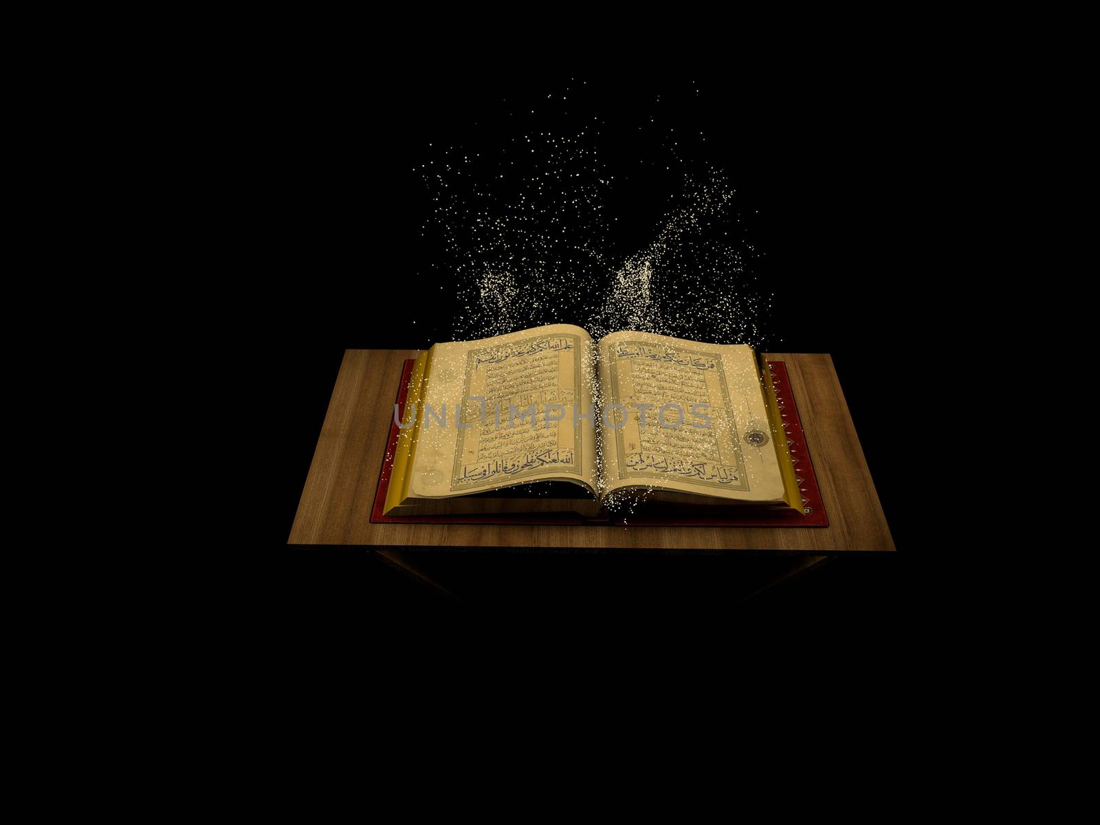 3d arabic Muslim Quran book with wooden stand.
