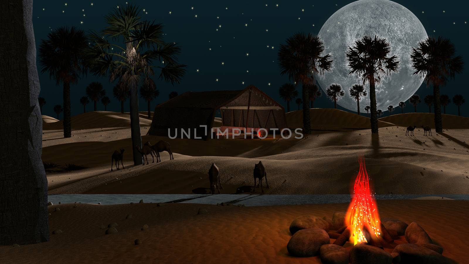 Dreamy night desert with camels, full moon, fire and Arabian tent