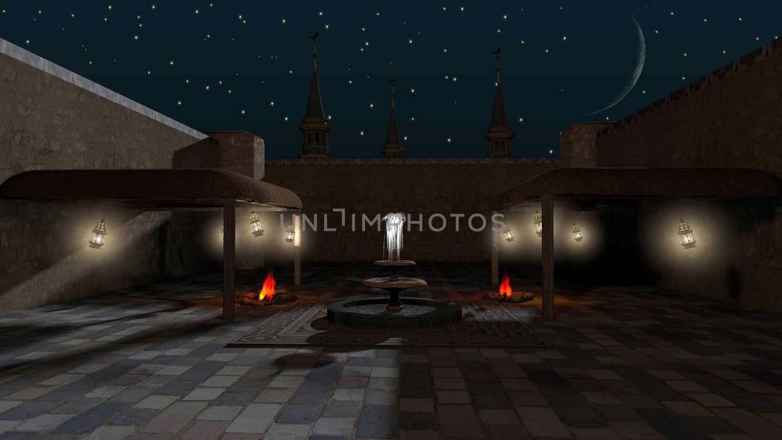 Old Arabic style with mosque, fire, lanterns and a fountain